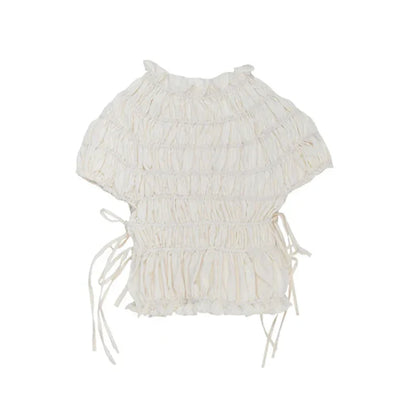 Cralom Lace Up Pleated High Neck Shirt - Vintage Style Slim Fit Top
