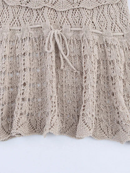 Cralom Hollow Out Ruffles Knit Sweater - High Waist Drawstring O-neck Top