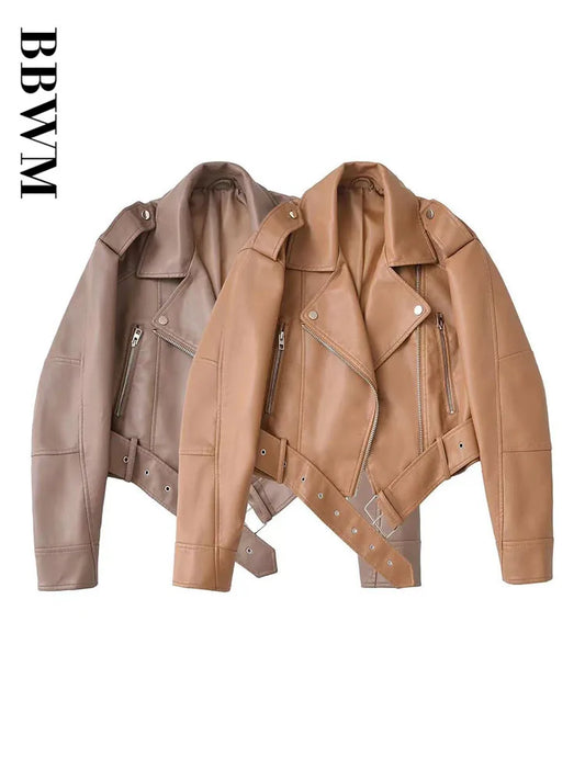 Cralom Faux Leather Biker Jacket with Belt & Zipper for Autumn Women