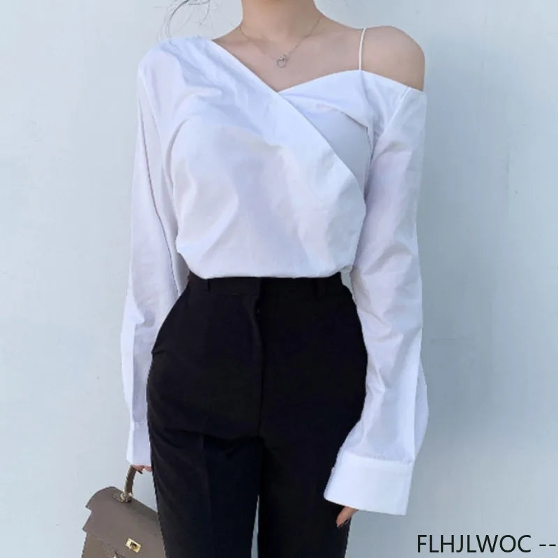Cralom Button Blue One Shoulder Top: Office Chic Flare Sleeve Blouse