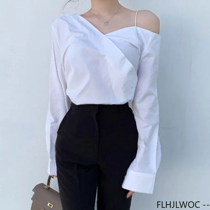 Cralom Button Blue One Shoulder Top: Office Chic Flare Sleeve Blouse