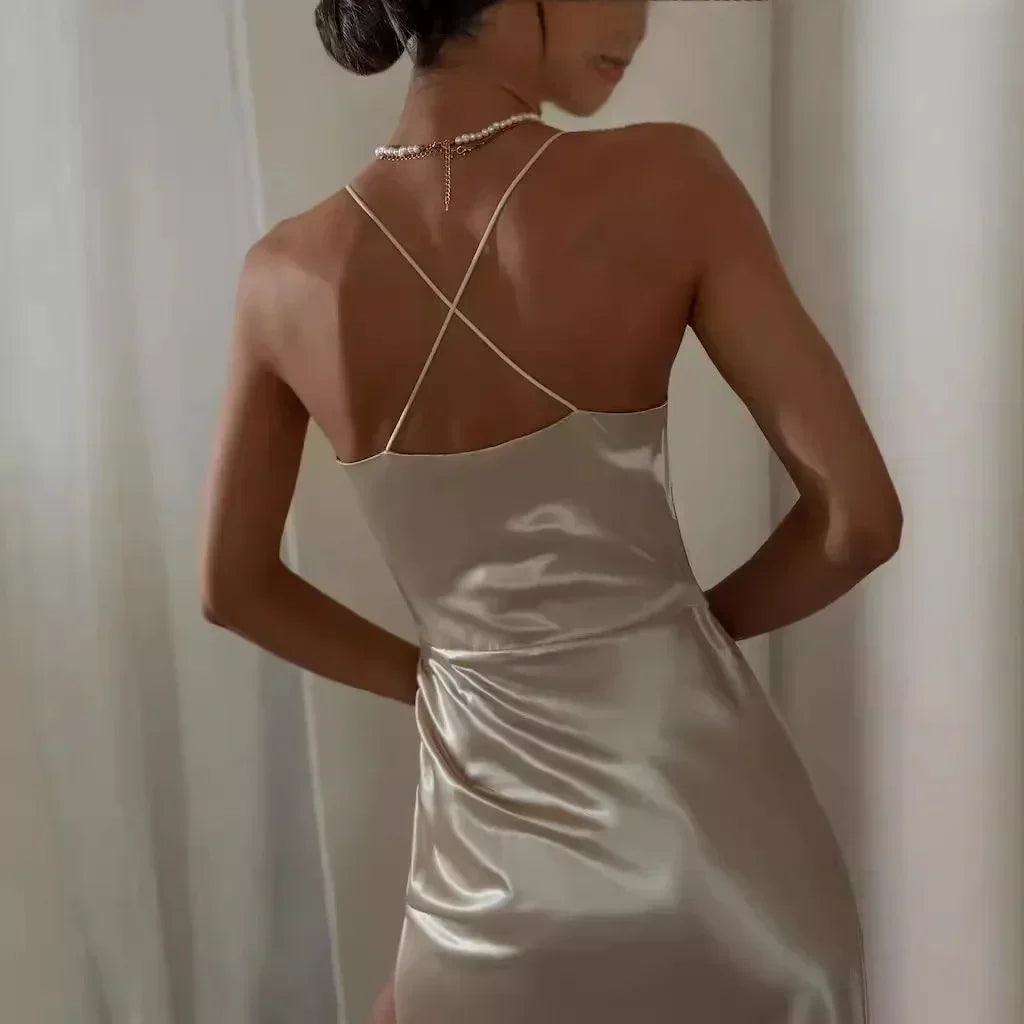 Cralom Satin Strap Backless Slit Dress - Sleeveless, High Waist, Solid Color