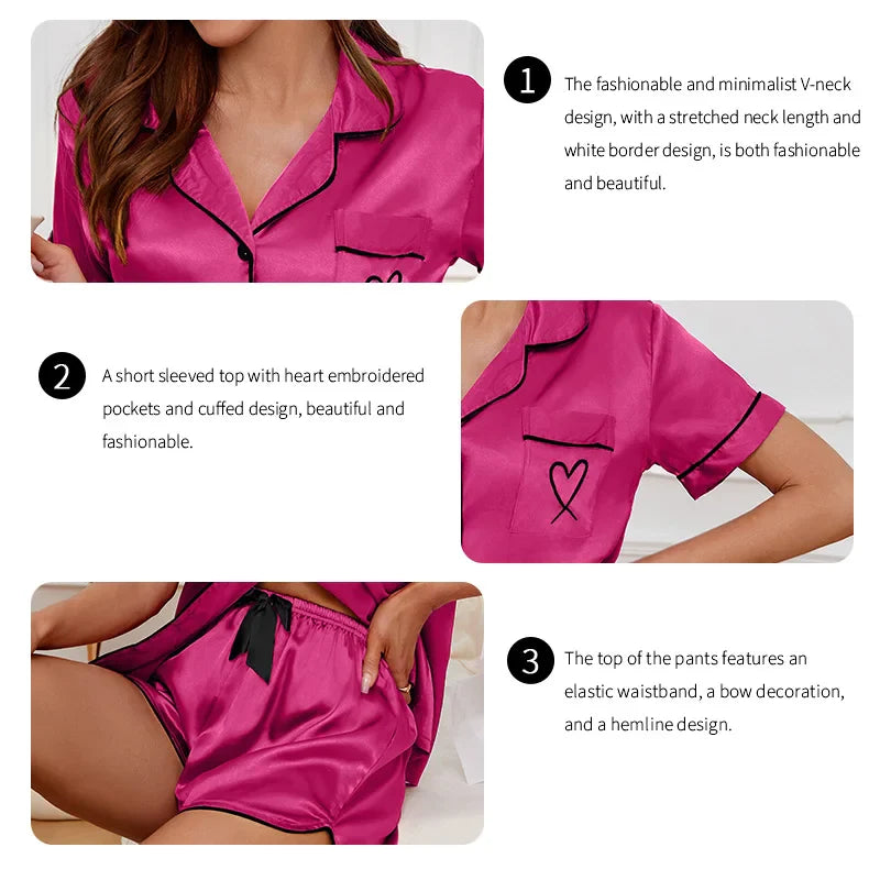Cralom Love Embroidery Satin Pajama Set - Button-Up Short Sleeve Shorts Pyjamas