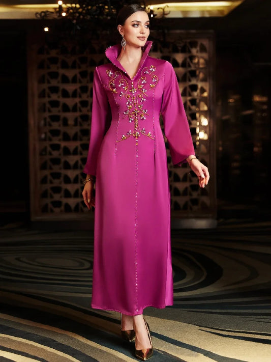 Ramadan Rose Red Abaya by Cralom - Elegant Muslim Evening Party Dress