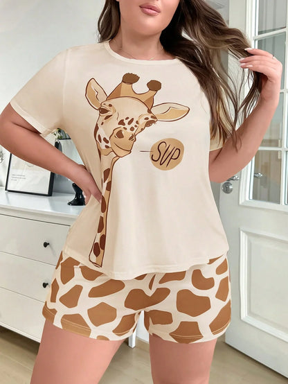 Cralom Giraffe Print Milk Silk Summer Pajama Set
