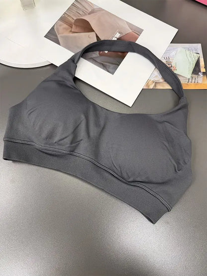 Cralom Yoga Halter Sports Bra Open Back Padded Crop Top Gym Fitness Running Top