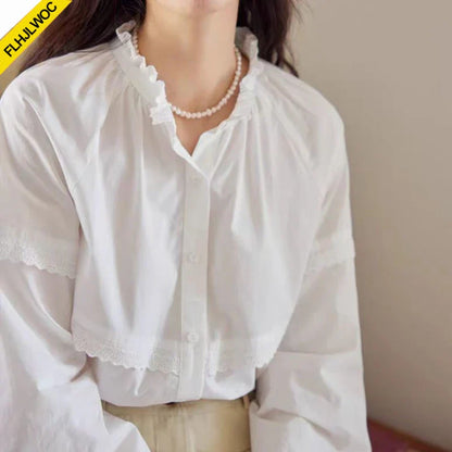 Cralom White Ruffles Lace Stand Collar Blouse Women Preppy Style Basic Shirt