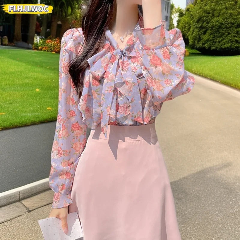 Cralom Vintage Flower Print Women's Ruffled Bow Tie Long Sleeve Shirt - Pink Chic Button Top