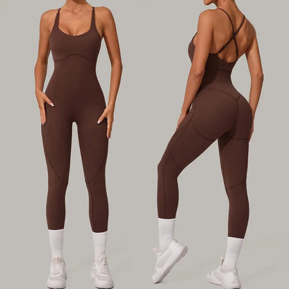 Cralom Women's Fitness Yoga Jumpsuit with Lift Buttocks and Bare Back