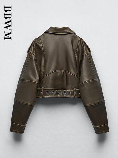 Cralom Retro Zipper Belt Motorcycle Jacket - 2023 Spring Chic Slim Fit Top