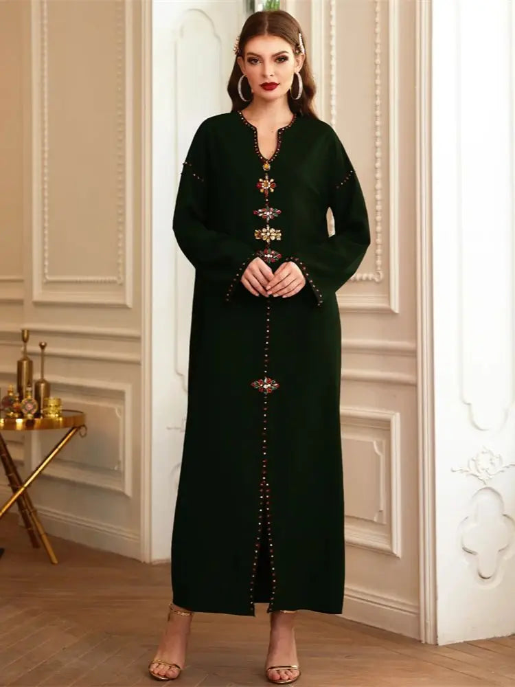 Luxury Dark Green Muslim Abaya Dress by Cralom - Eid Ramadan Dubai Robe