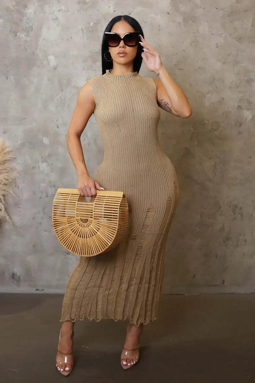 Cralom Women's Sleeveless Knitted Dress Solid Color Beach Long Skirt Summer 2024