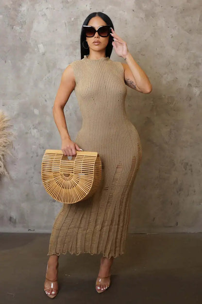 Cralom Women's Sleeveless Knitted Dress Solid Color Beach Long Skirt Summer 2024