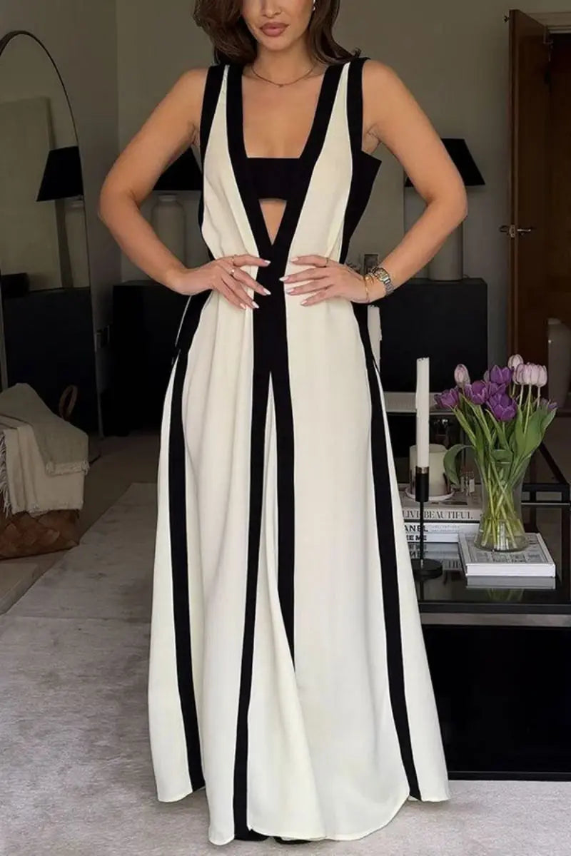 Cralom Sleeveless Summer Dress with Color Block Splicing
