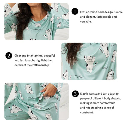 Cralom Green Cat Print Pajama Set - Long Sleeve Top & Pants Sleepwear