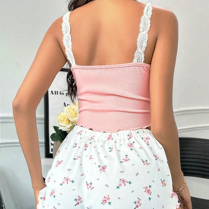 Cralom Lace Trim Cami Top and Floral Print Shorts Set for Women
