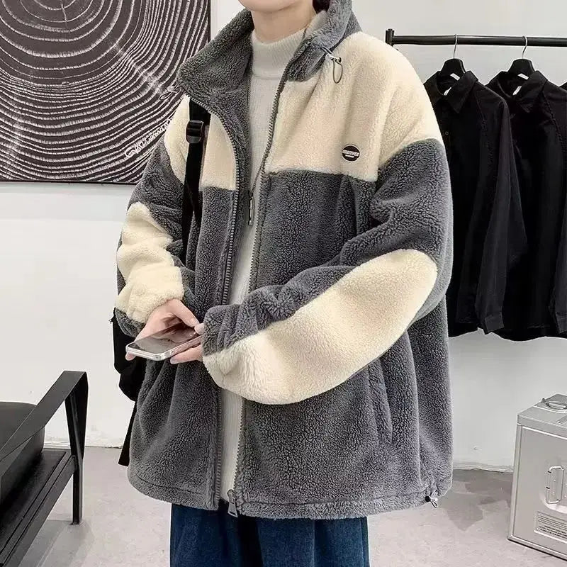 Cralom Men's Y2K Fashion Lamb Coat Plus Velvet Padded Leisure Jacket