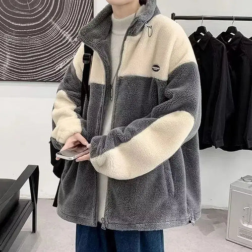 Cralom Men's Y2K Fashion Lamb Coat Plus Velvet Padded Leisure Jacket
