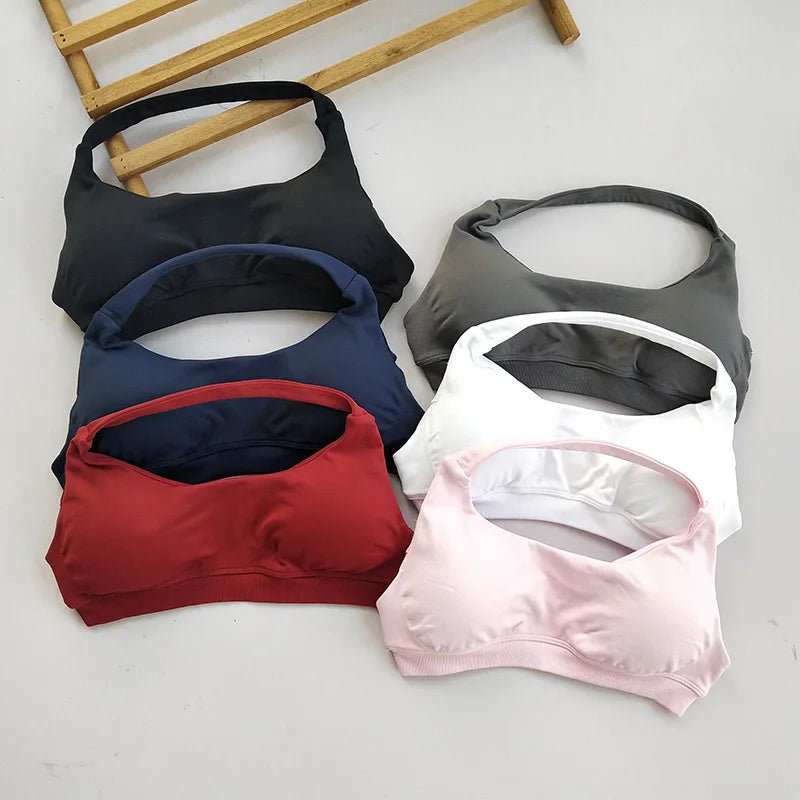 Cralom Yoga Halter Sports Bra Open Back Padded Crop Top Gym Fitness Running Top
