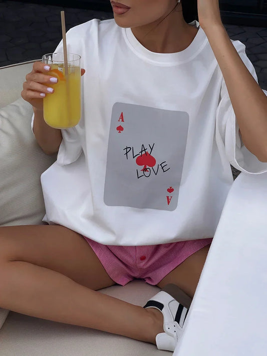 Cralom Poker Card Print T-Shirt Women's O-Neck Summer Top