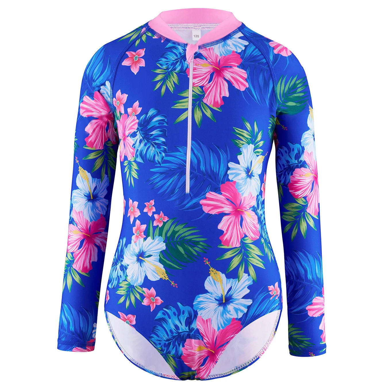 Cralom 2025 Kids Long Sleeve Blue Floral Print Swimsuit