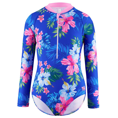 Cralom 2025 Kids Long Sleeve Blue Floral Print Swimsuit