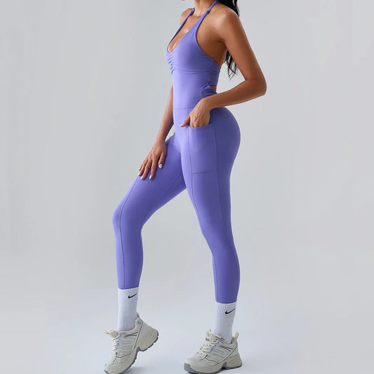 Cralom Backless Yoga Jumpsuit Quick-Drying Sleeveless Gym Training Suit