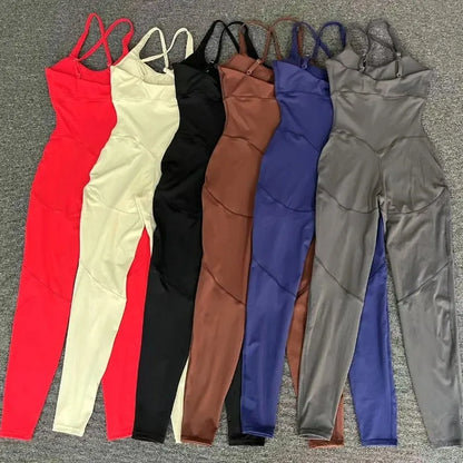 Cralom Seamless Cross Back Yoga Jumpsuit - Adjustable Straps, Butt Lifting