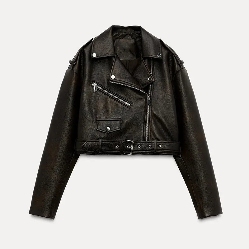 Cralom Retro Faux Leather Jacket with Belt and Zipper
