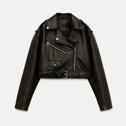 Cralom Retro Faux Leather Jacket with Belt and Zipper