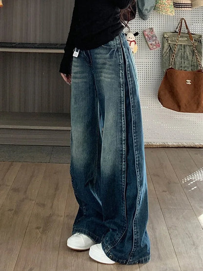 Cralom Vintage Blue Washed High Waist Straight Jeans Women's Streetwear
