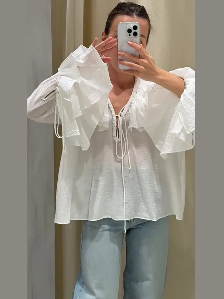 Cralom Women's White Ruffled V-Neck Chiffon Blouse Loose Fit Lace-up Casual Shirt