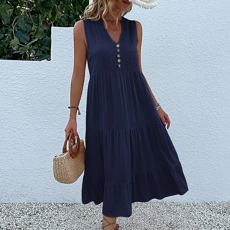 Cralom Women's Solid Color Loose A-Line Midi Dress - 2024 Summer Fashion