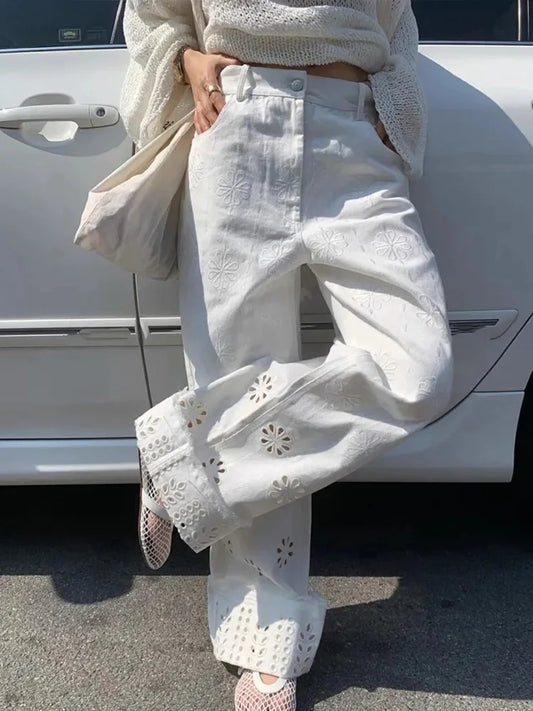 Cralom White Embroidery Hollow Out Wide Leg Jeans