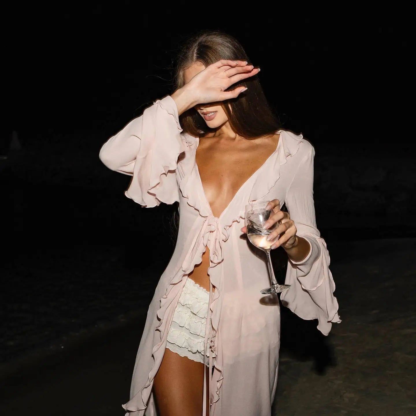 Cralom Lace Long Sleeve Cardigan - Solid Color Fashion Cover for Beach and Bikini