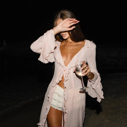Cralom Lace Long Sleeve Cardigan - Solid Color Fashion Cover for Beach and Bikini