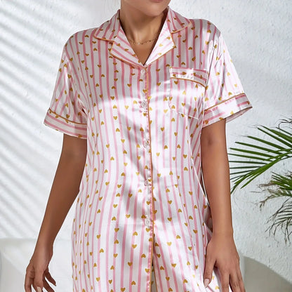 Cralom Satin Stripe Print Nightgown Sleepwear Dress with Button Detail