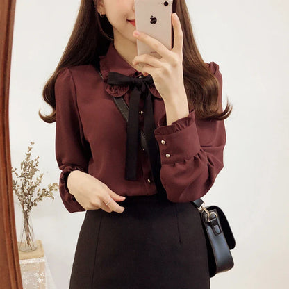 Cute Lace-Up Bow Tie Blouse by Cralom for Work & Office