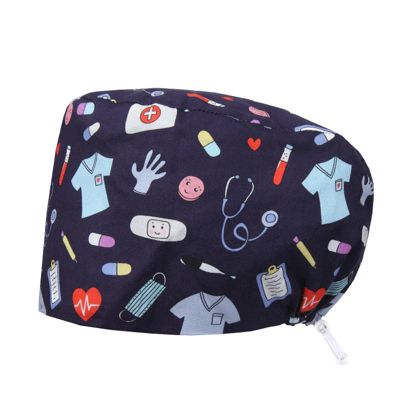 Cralom Women's Cat Print Doctor Hat for Pediatrics & Veterinary Clinics
