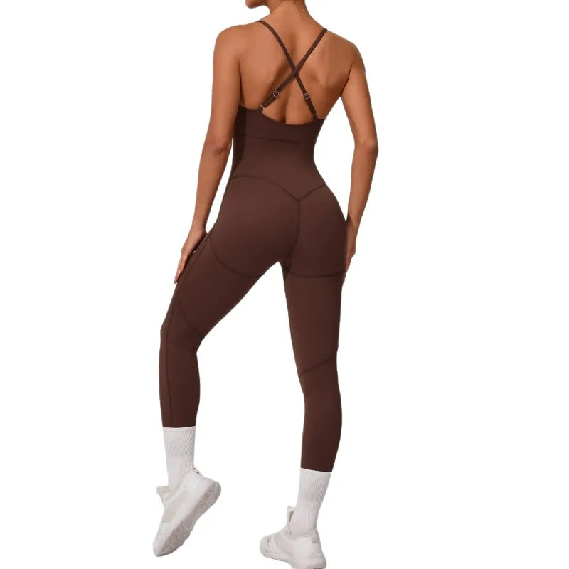Cralom Women's Fitness Yoga Jumpsuit with Lift Buttocks and Bare Back