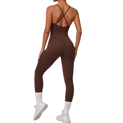Cralom Women's Fitness Yoga Jumpsuit with Lift Buttocks and Bare Back
