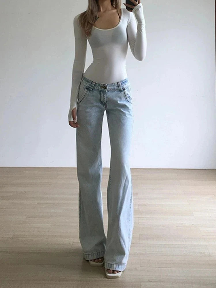 Cralom Streetwear Button Pockets Y2K Straight Jeans in Vintage Blue for Women