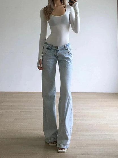 Cralom Streetwear Button Pockets Y2K Straight Jeans in Vintage Blue for Women