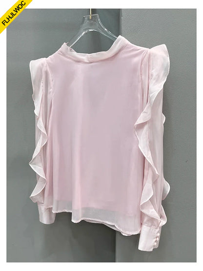 Cralom Pink Bow Tie Long Sleeve Blouse - Elegant Office Lady Korean Style Tops