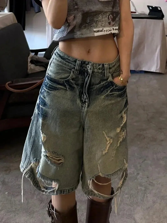 Cralom High Waist Wide Leg Short Jeans for Women - Y2K Streetwear Fashion