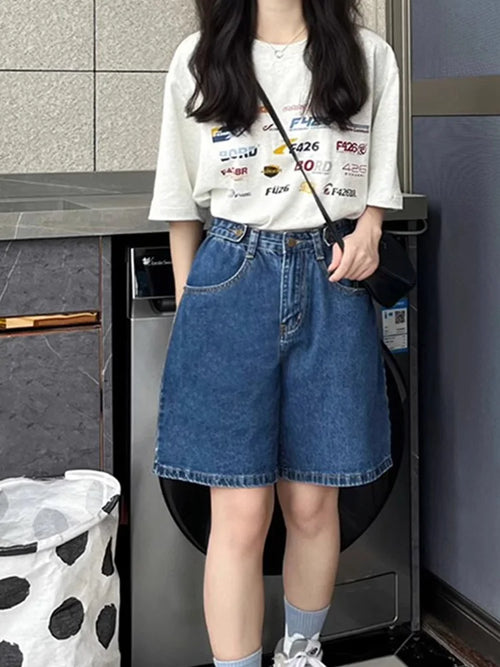 Cralom Women's Plus Size High Waist Denim Shorts Wide Leg Straight Leg Jeans