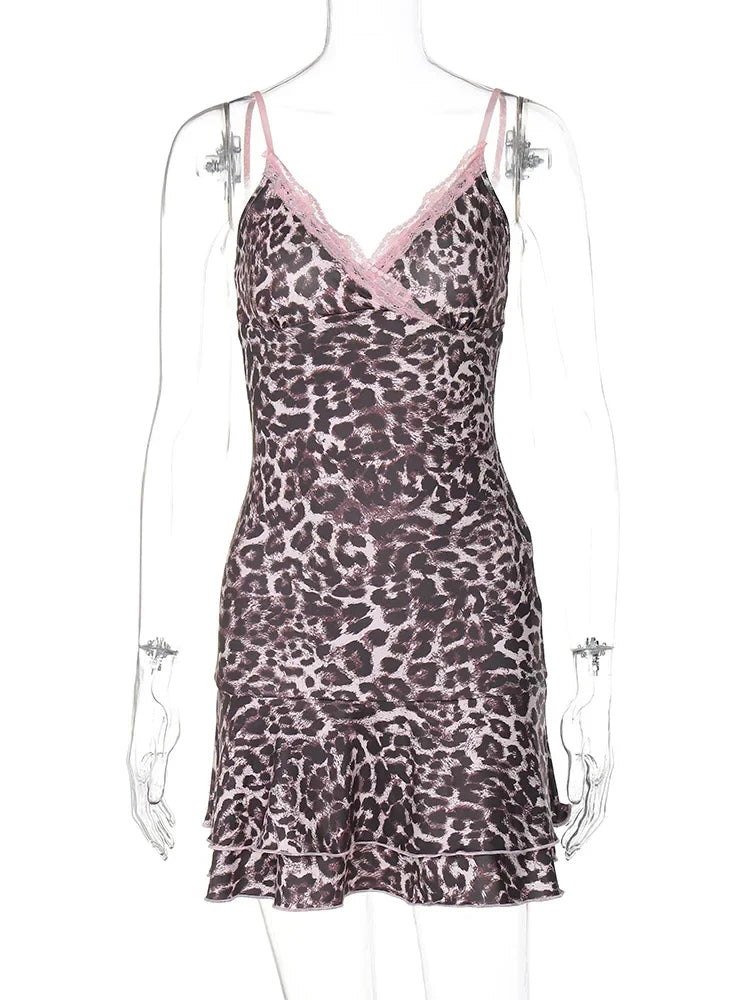 Cralom Leopard Print Lace Patchwork Mini Dress - Y2K Style Slim Fit Pleated Outfit