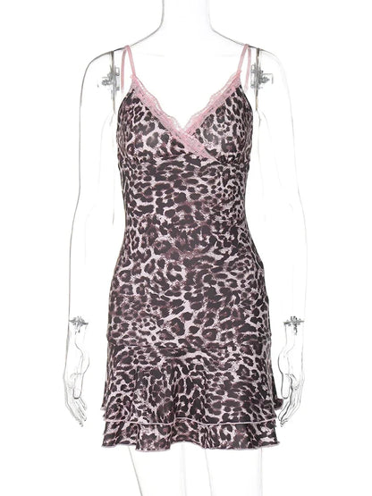 Cralom Leopard Print Lace Patchwork Mini Dress - Y2K Style Slim Fit Pleated Outfit