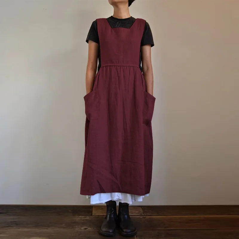 Cralom Sleeveless Cotton Linen Jumpsuit with Apron Design