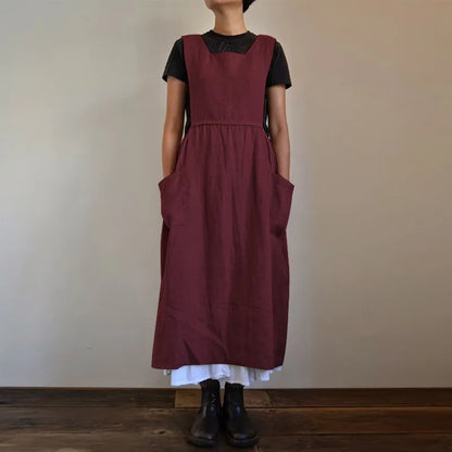 Cralom Sleeveless Cotton Linen Jumpsuit with Apron Design